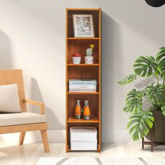 a living room with a chair, potted plant and bookshelf