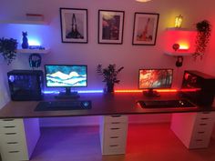 a desk with two computer monitors on it and some plants in front of the monitor