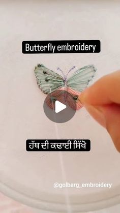 someone is pointing at a butterfly on a plate with the caption'butterfly embroiderry '