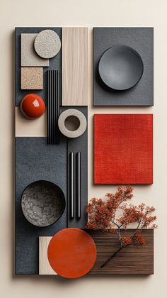 an arrangement of different objects on a wall