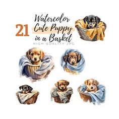 watercolor cute puppies in a basket clip art example for digital scrapbooking