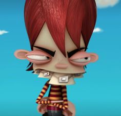 a cartoon character with red hair and piercings standing in front of a blue sky