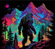 a painting of a bigfoot walking in the woods with mountains and trees behind it