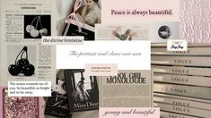 a collage of magazines and books with pink accents on them, including black and white