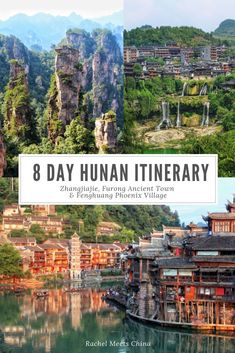 the cover of 8 day vietnam itinerary with images of mountains, houses and buildings