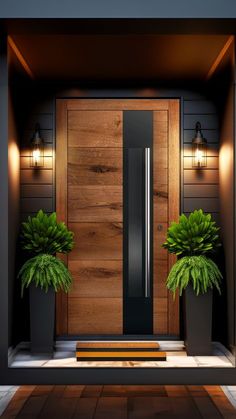 two potted plants sit in front of a wooden door with lights on the side