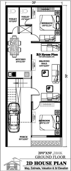 the floor plan for a two bedroom house with 2 bathrooms and an attached kitchen area