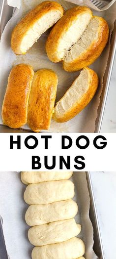 hot dog buns in a pan with the words hot dog buns above them