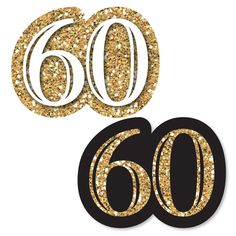 the 60th birthday cake topper has gold glitter and is black with white numbers on it