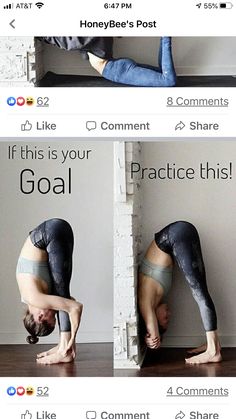 two pictures of a person doing yoga on their cell phones, with the caption'if this is your goal'above them