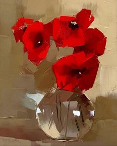 a painting of red flowers in a clear vase on a beige and white background,