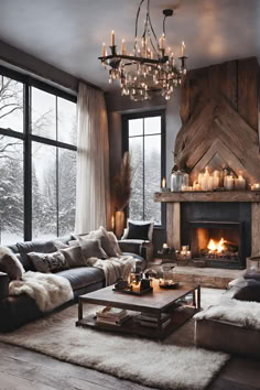 a living room filled with furniture and a fire place in front of a large window