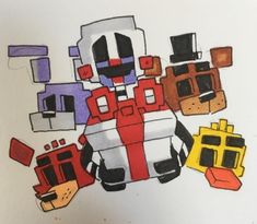 a drawing of a robot surrounded by different colored blocks and cubes on white paper