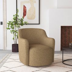 a living room with a chair, table and potted plant on the floor in front of a fireplace