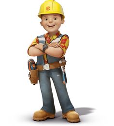 a cartoon construction worker is standing with his arms crossed and looking at the camera while smiling