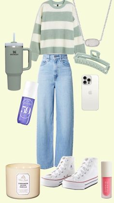 an image of a woman's outfit with shoes, coffee mug and other items