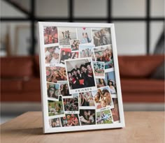 a collage of photos is displayed on a table with a couch in the background