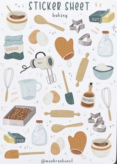 a sticker sheet with baking items and utensils on it's side