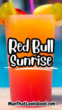 a red bull sunrise drink next to a swimming pool