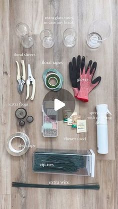 the contents of a diy project laid out on a wooden table with scissors and other items