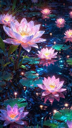 pink water lilies floating on top of a body of water