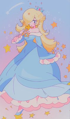 a drawing of a blonde haired girl in a blue dress with stars around her neck