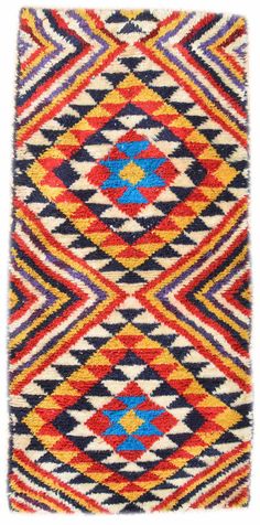 a multicolored rug with an abstract design on the front and back side,