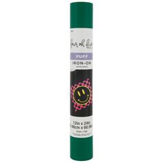 a tube of green glue with a smiley face on the side and pink dots around it