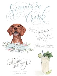 a watercolor painting of a dog next to a drink