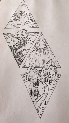 a piece of paper that has some drawings on it with mountains and trees in the background