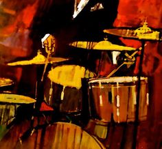 a painting of a man in a suit and tie playing the drums with his hands