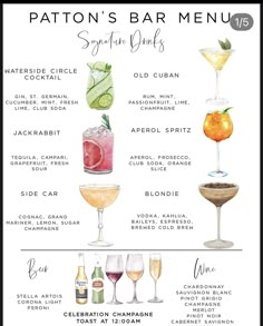 the cocktail menu for patron's bar menu, which includes different types of drinks