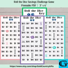 two roll the dice savings challenge game with numbers and symbols on it, in front of a