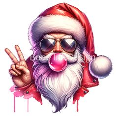 a santa clause wearing sunglasses and a red jacket with his tongue out, making the peace sign