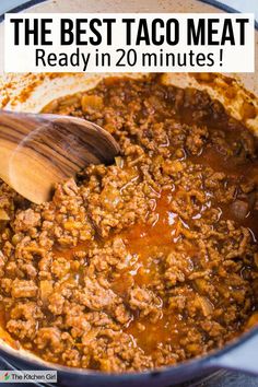 Wooden spoon stirs juicy taco meat in skillet. Title: The Best Taco Meat: Ready in 20 minutes! Indian Taco Meat Recipe, Saucy Taco Meat Recipes, The Best Taco Meat, Chuys Taco Meat Recipe, Best Taco Meat Recipe Beef, Taco Johns Taco Meat Recipe, Copycat Taco Bell Meat, Burrito Meat Recipe, Taco Meat For A Crowd