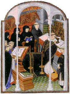 an image of a medieval scene with men in black robes and women in white dresses