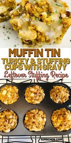 muffin tin turkey and stuffing cups with gravy is shown in this recipe