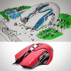 a computer mouse sitting on top of a desk next to a drawing of a futuristic building