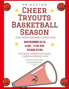 a flyer for the cheer tryouts basketball season, featuring a megaphone and stars