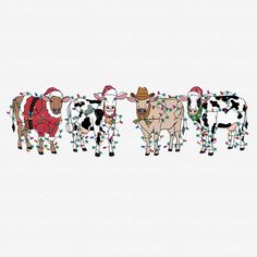 three cows with christmas lights on their backs are standing next to each other in the same row