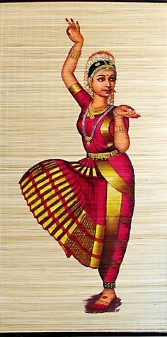 a painting of a woman in red and gold dancing with her arms out to the side