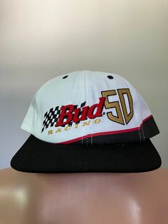 New & unworn Ricky Craven Bud Racing #50 Snapback hat from 1998. Black $ white cap with embroidered logos, mint shape, OSFA. White Flat Brim Dad Hat For Streetwear, Retro White Fitted Hat With Curved Brim, Vintage White Baseball Cap With Curved Brim, Vintage White Dad Cap, White Cap For Streetwear, White Retro Adjustable Fitted Hat, Vintage White Fitted Hat With Curved Brim, White Adjustable Retro Fitted Hat, Vintage White Flat Brim Hat