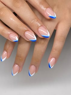 Royal Blue French Manicure, Blue Almond Shaped Acrylic Nails, Nails Blue Design Royal, Almond Shape Acrylic Nails Designs Summer, Royal Blue And White Nails For Prom, Blue And White Almond Nails Design, Royal Blue And White French Tip Nails, Almond Nails Designs Summer Blue, Blue Tip Nails Almond