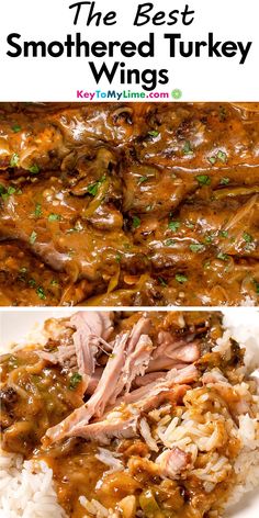 Two images of smothered turkey wings, with title text at the top. Cabbage With Smoked Turkey Wings, Chicken Or Turkey Recipes, Smoothed Turkey Wings, Turkey Wings With Gravy, Best Smothered Turkey Wings, Smoked Smothered Turkey Wings, Smoked Turkey Wings Recipe Soul Food, Stew Turkey Wings Recipes, Turkey Wings Recipe Smothered Crockpot