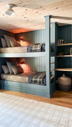 two bunk beds in a room with blue walls and wood flooring on the side