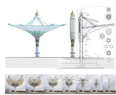 an architectural rendering of a space rocket and its components are shown in three different views