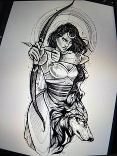 a drawing of a woman with a bow and arrow in her hand next to a wolf