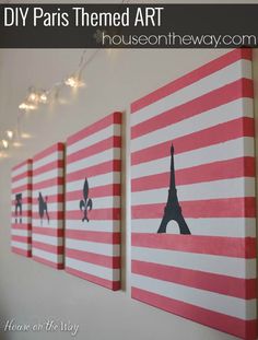 three red and white canvases with the words diy paris themed art on them