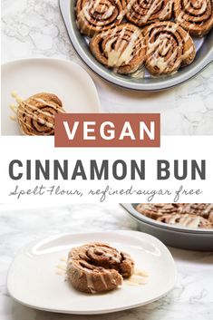 vegan cinnamon buns on a white plate with text overlay that reads, vegan cinnamon buns