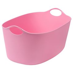 a pink plastic basket with handles on the top and bottom, sitting in front of a white background